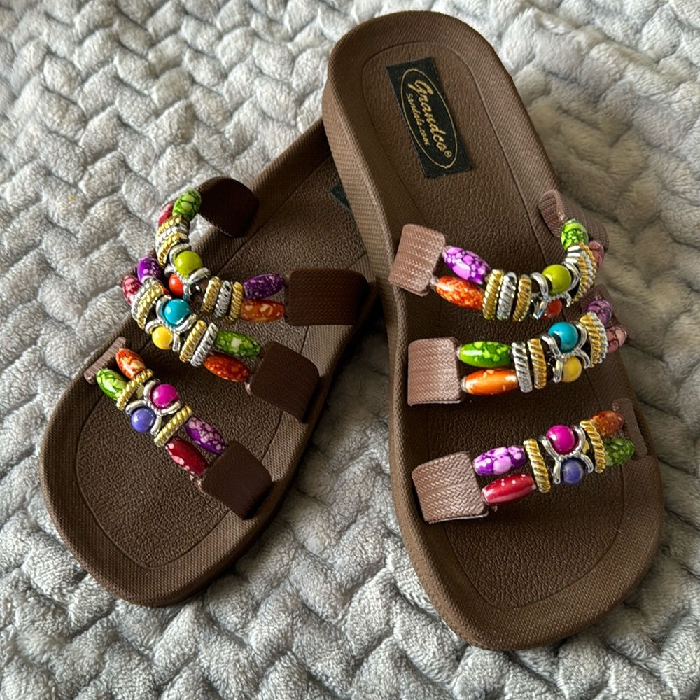 Grandco Slip on Sandals, Brown with coloured beads, Size 7